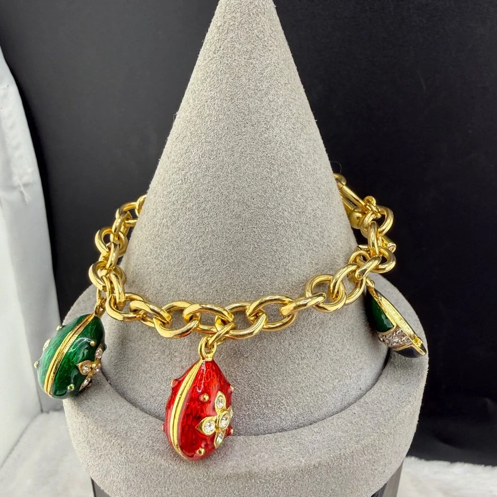 Vintage Egg Charm Bracelet Gold Tone Enamel Rhinestone Multi READ